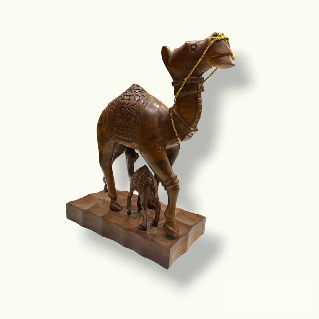 Mother Camel Feeding Baby Statue, Handmade Wooden Camels Sculpture.