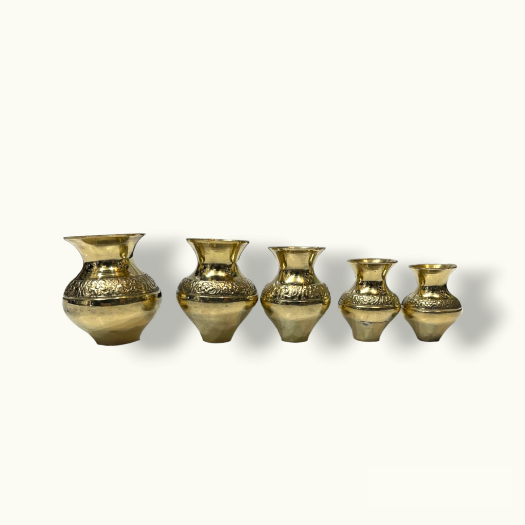 Handcrafted Brass Carved Matka Pot, Unique Metal Pots Set.