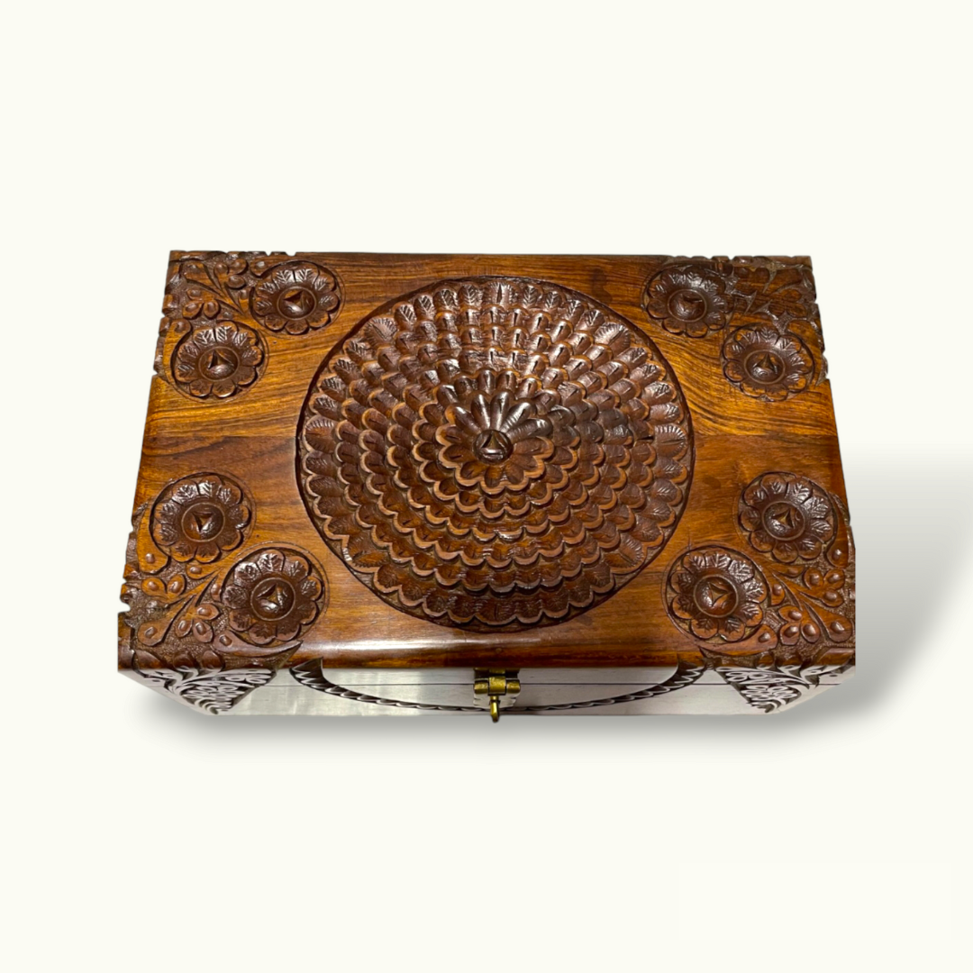 Beautiful Carved Flowers Jewelry Box, Attractive Wooden Jewelry Box.