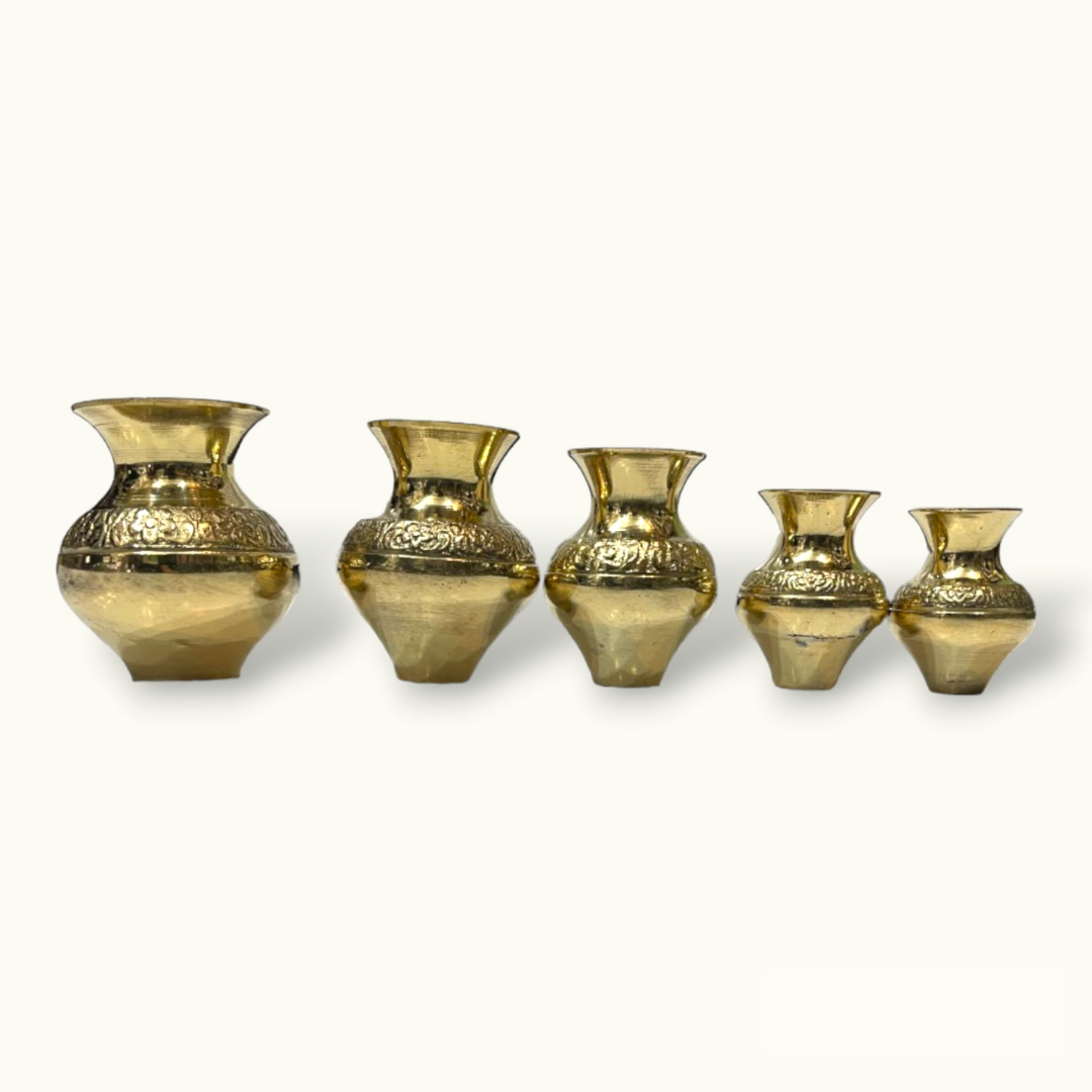 Handcrafted Brass Carved Matka Pot, Unique Metal Pots Set.