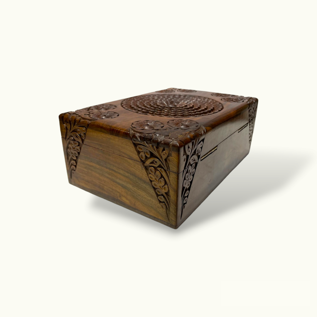 Beautiful Carved Flowers Jewelry Box, Attractive Wooden Jewelry Box.