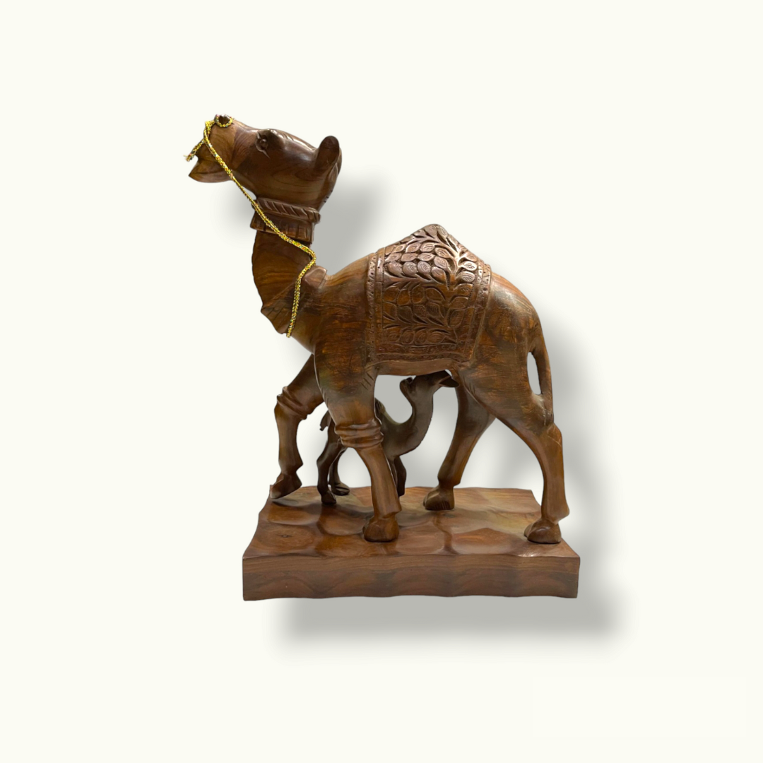 Mother Camel Feeding Baby Statue, Handmade Wooden Camels Sculpture.