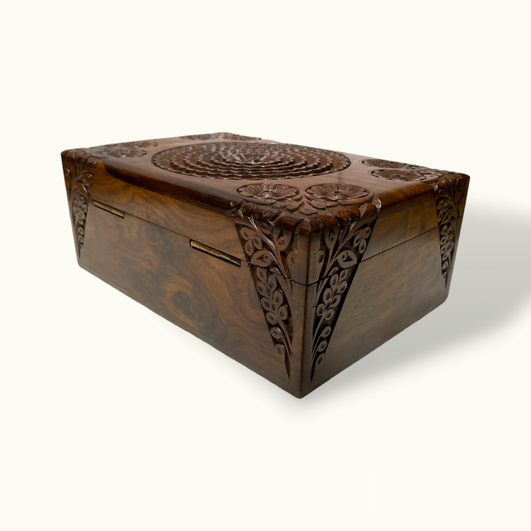 Beautiful Carved Flowers Jewelry Box, Attractive Wooden Jewelry Box.