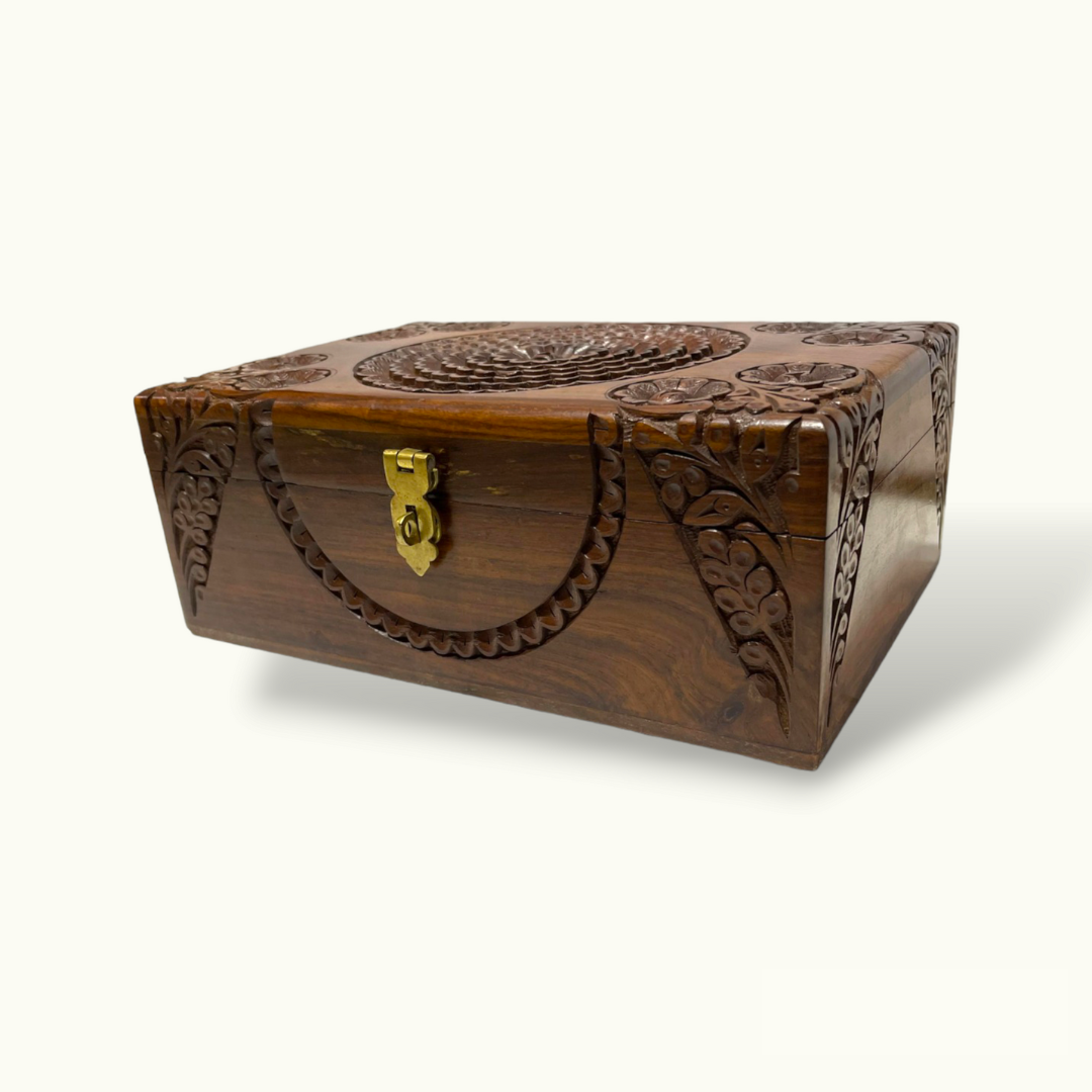 Beautiful Carved Flowers Jewelry Box, Attractive Wooden Jewelry Box.