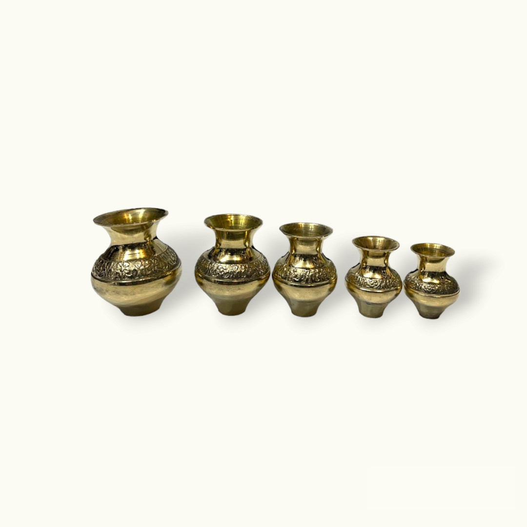 Handcrafted Brass Carved Matka Pot, Unique Metal Pots Set.