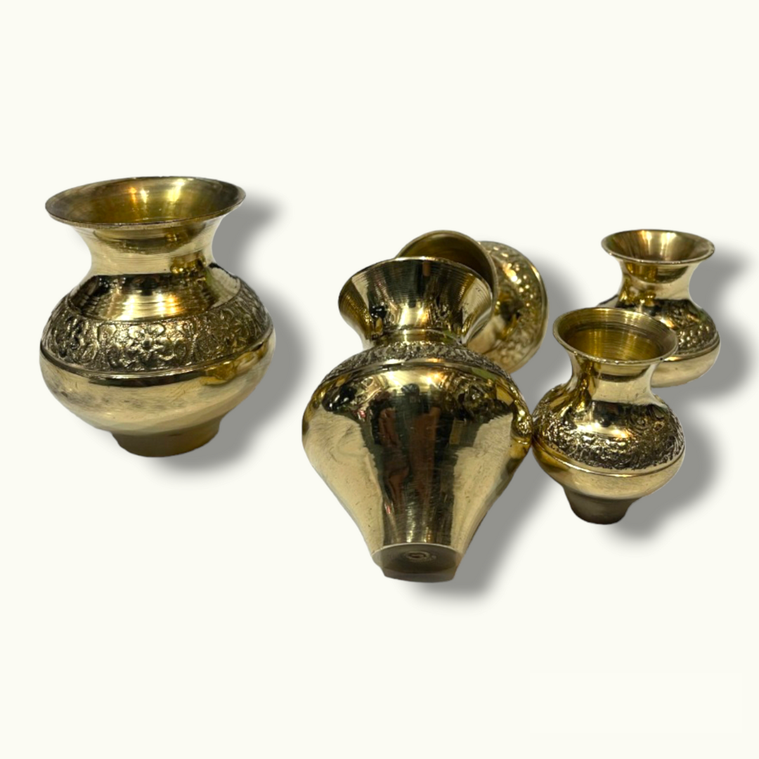 Handcrafted Brass Carved Matka Pot, Unique Metal Pots Set.