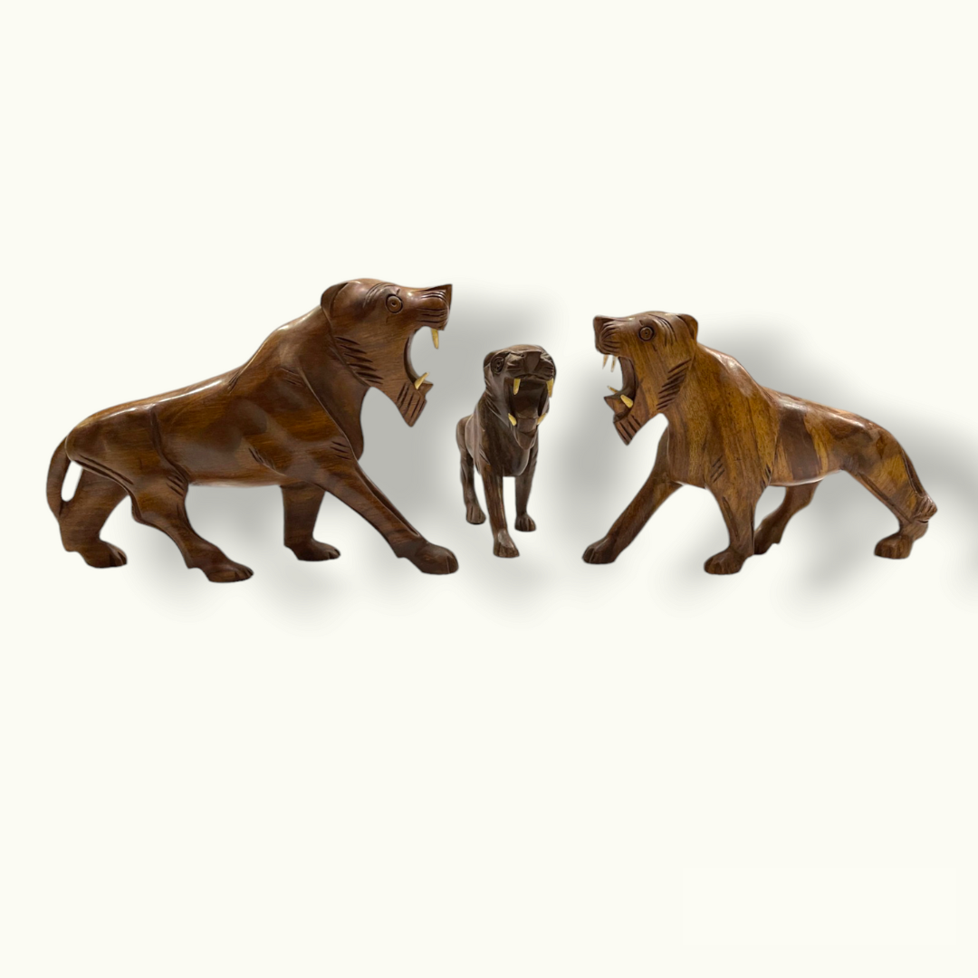 Handcrafted Wooden Lion Set, Beautiful Wooden Lion Family.