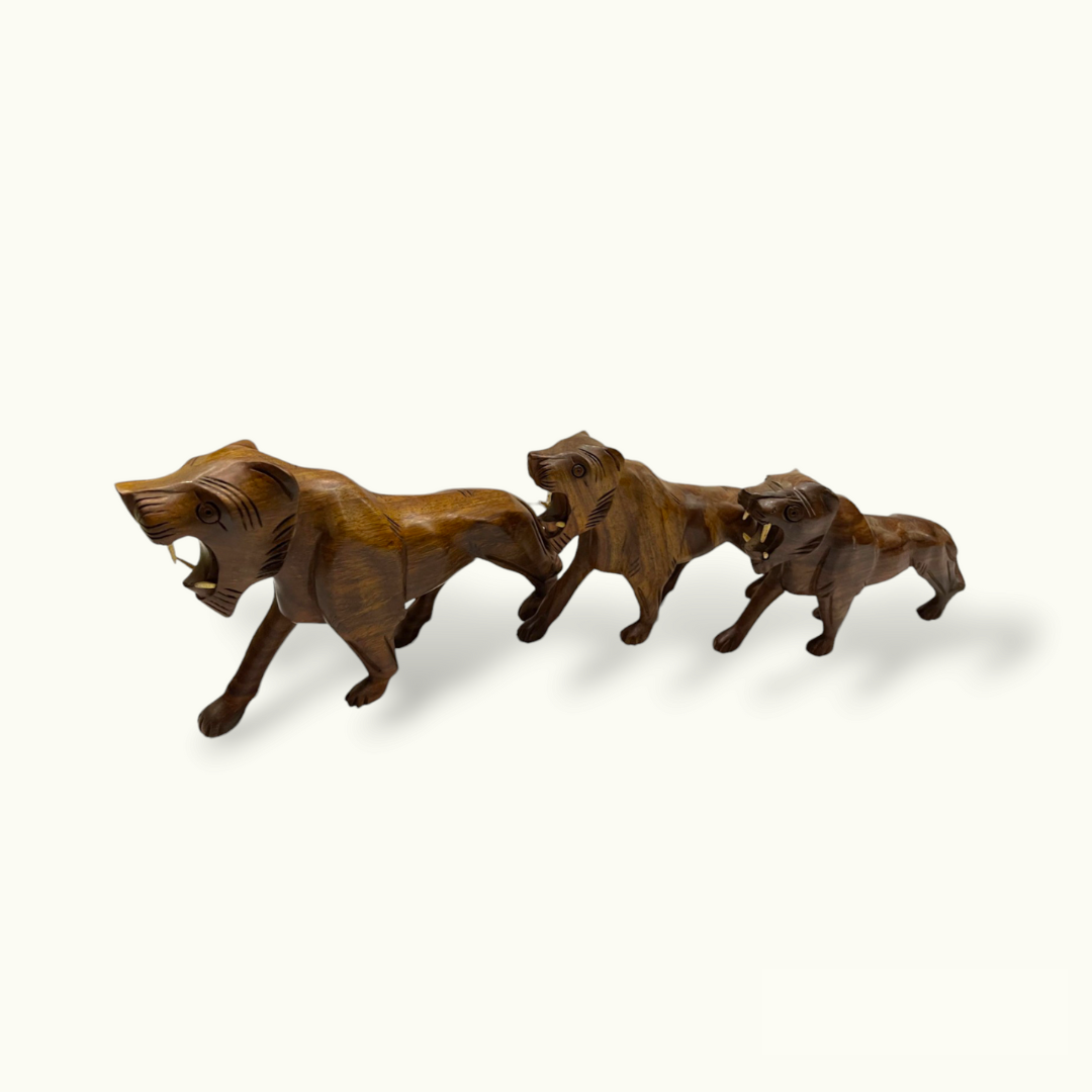 Handcrafted Wooden Lion Set, Beautiful Wooden Lion Family.