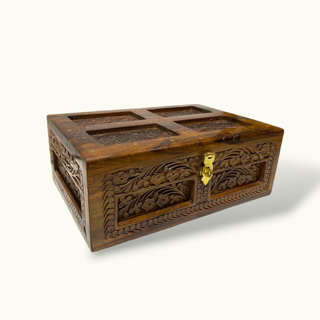 Beautiful Brass Inlay Jewelry Box, Wood Carving Jewelry Box.