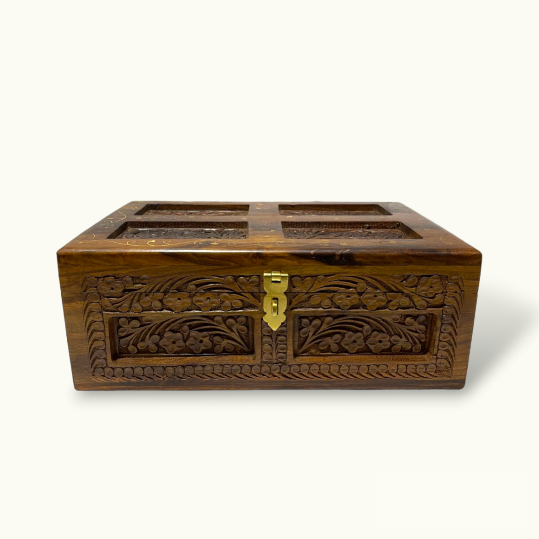 Beautiful Brass Inlay Jewelry Box, Wood Carving Jewelry Box.