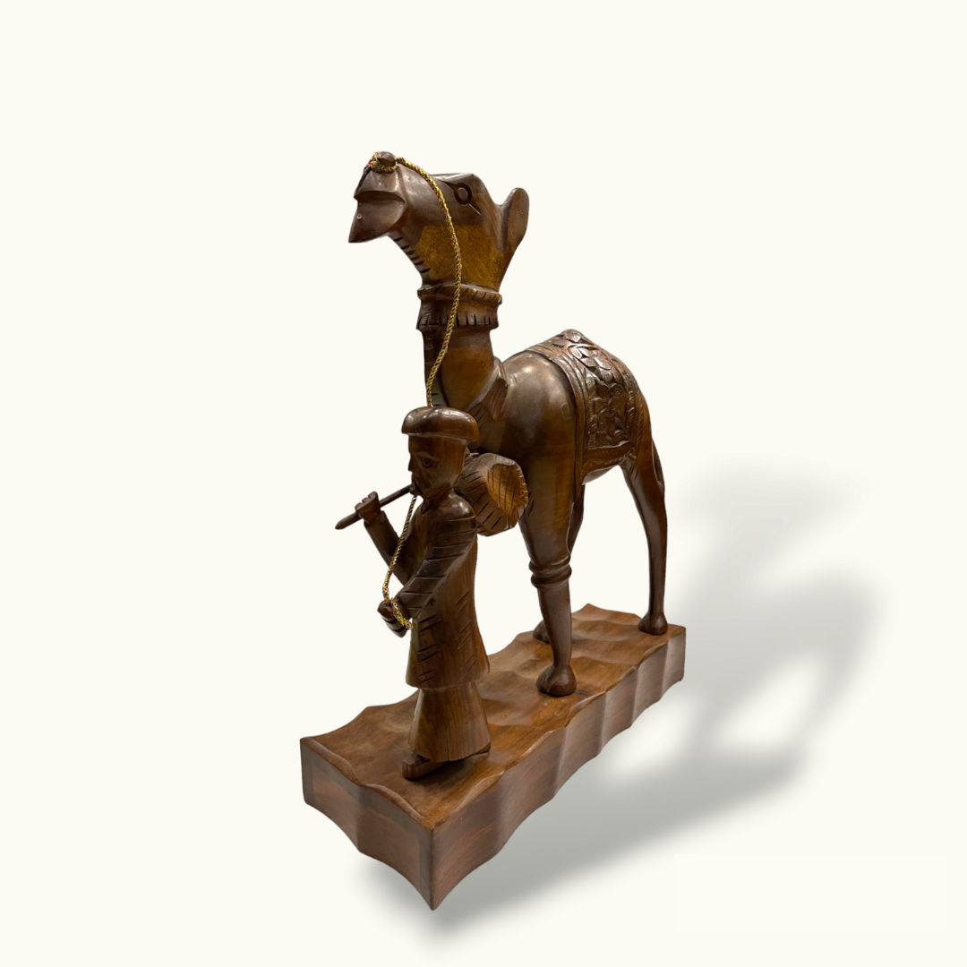 Handcrafted Wooden Men Riding Camel,  Arabic Men Camel Sculpture.