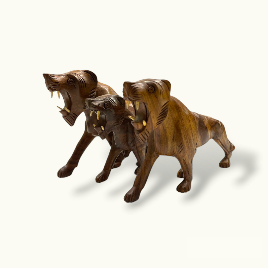 Handcrafted Wooden Lion Set, Beautiful Wooden Lion Family.