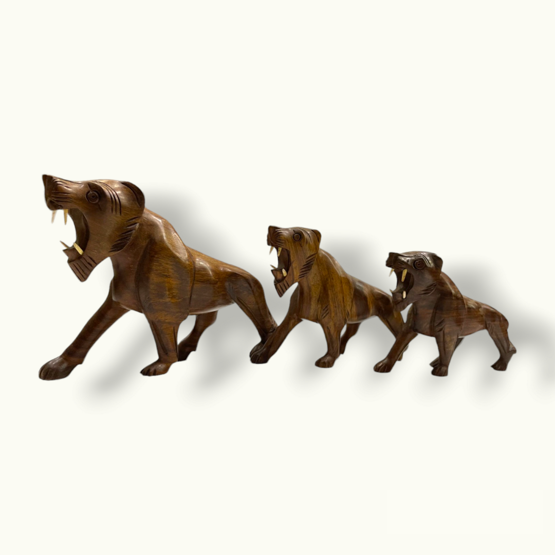 Handcrafted Wooden Lion Set, Beautiful Wooden Lion Family.