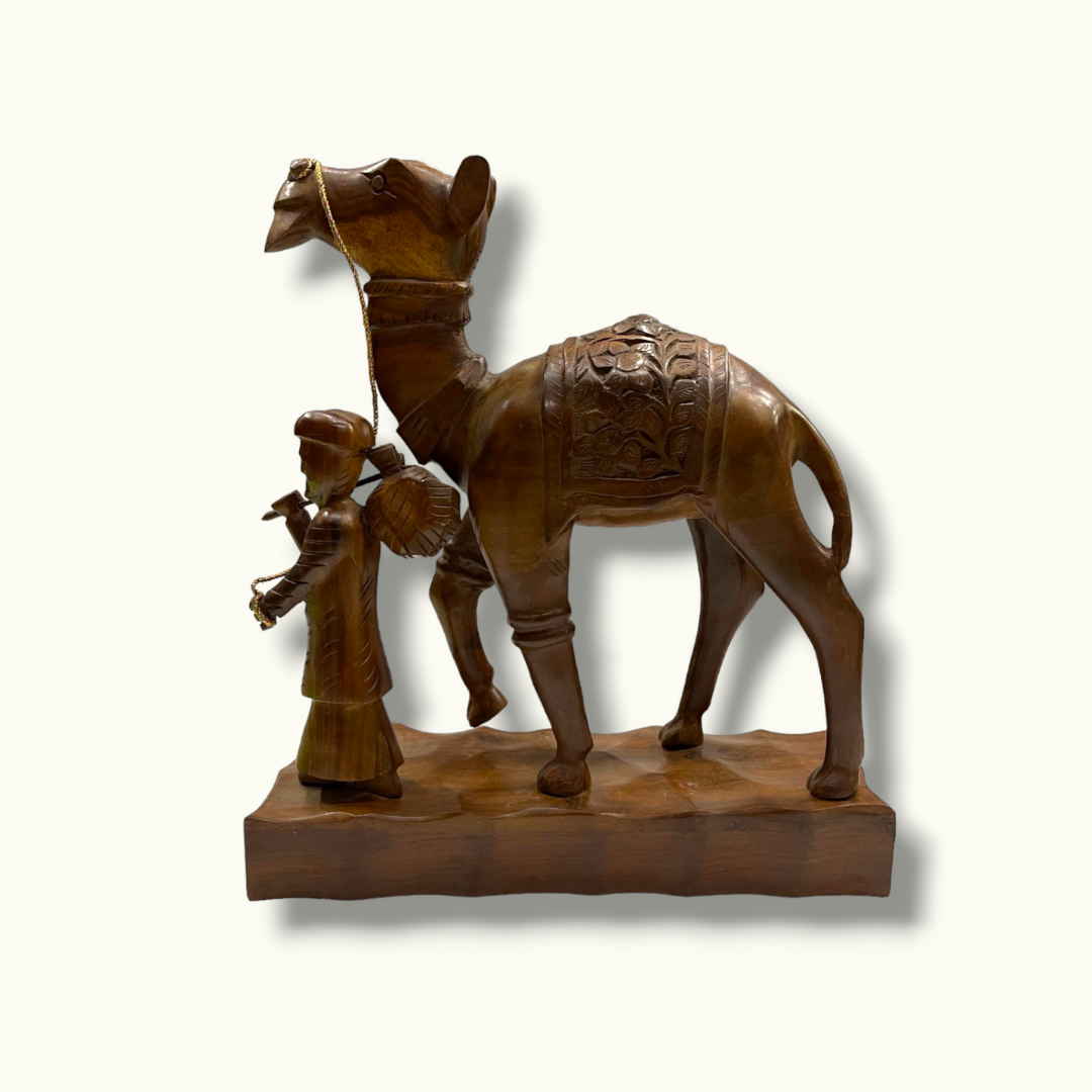 Handcrafted Wooden Men Riding Camel,  Arabic Men Camel Sculpture.