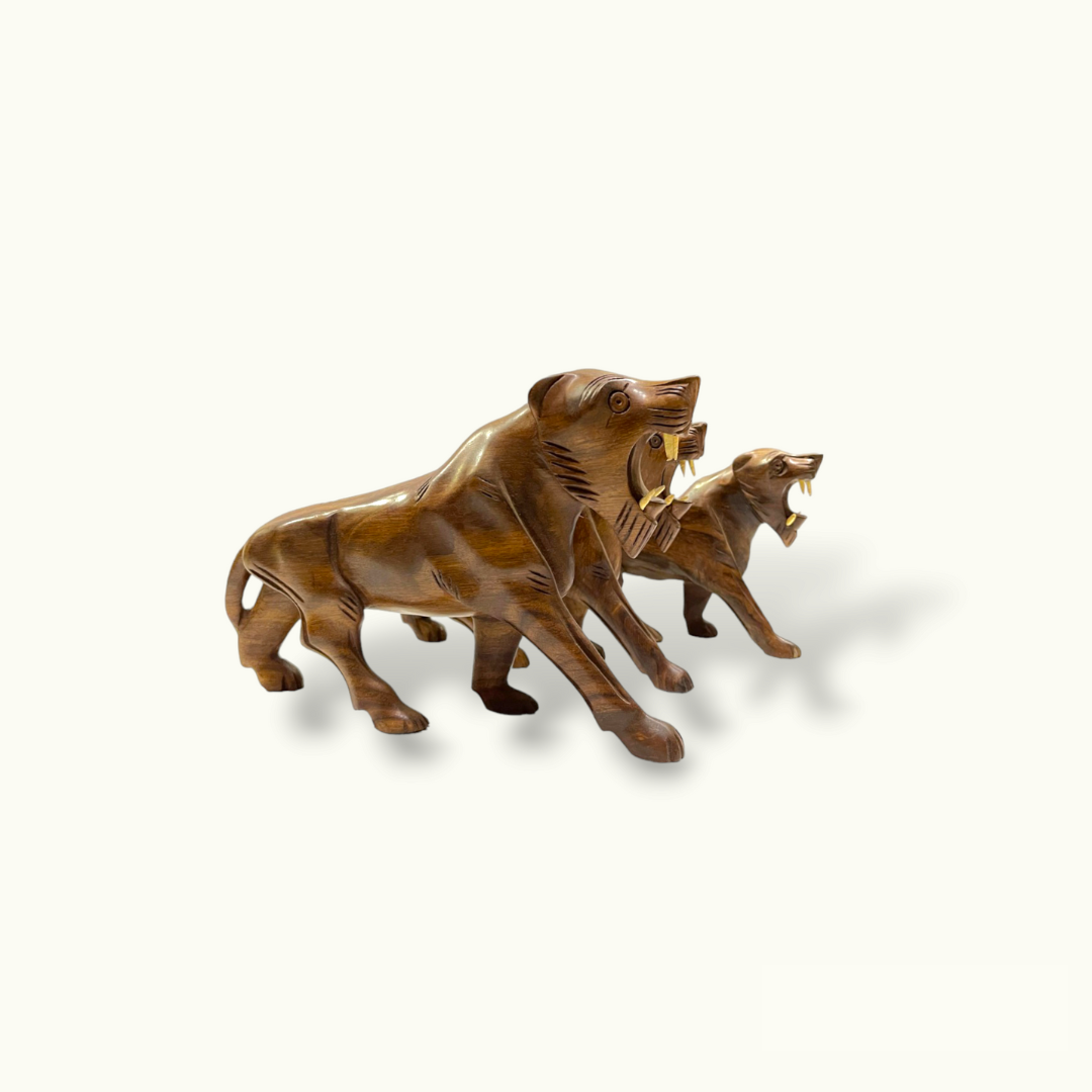 Handcrafted Wooden Lion Set, Beautiful Wooden Lion Family.