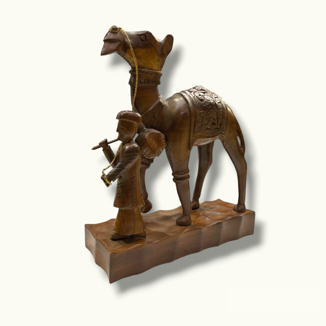 Handcrafted Wooden Men Riding Camel,  Arabic Men Camel Sculpture.