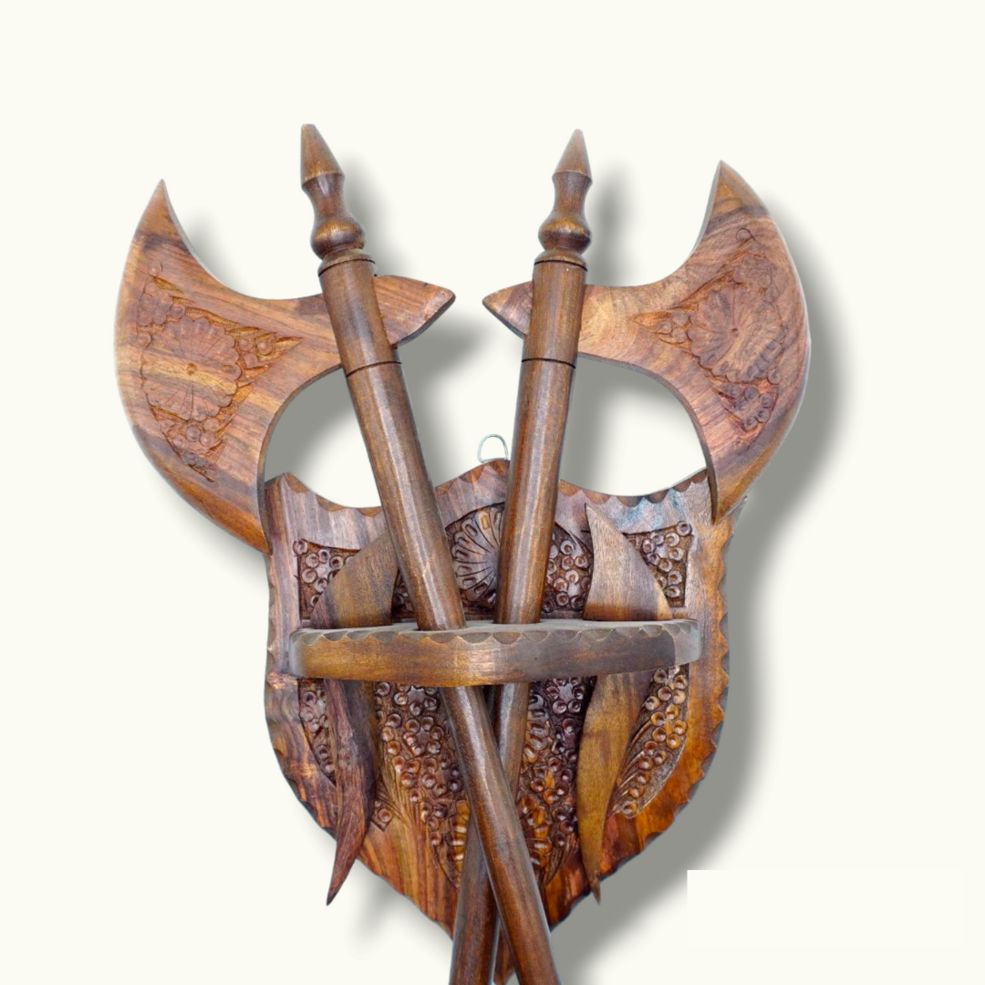 Introducing Stylish Wall-Hanging Axe Set, Stunning Wooden Axe Set.