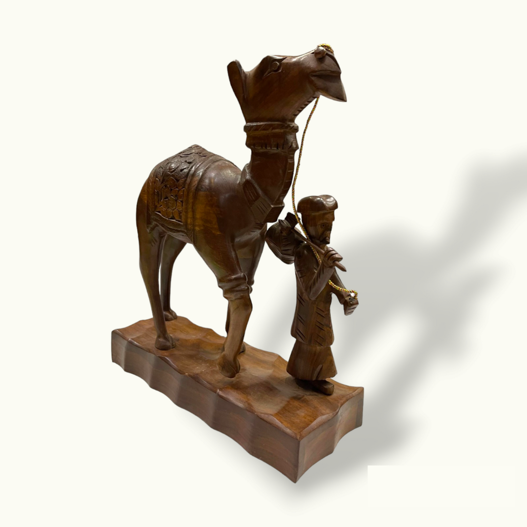 Handcrafted Wooden Men Riding Camel,  Arabic Men Camel Sculpture.