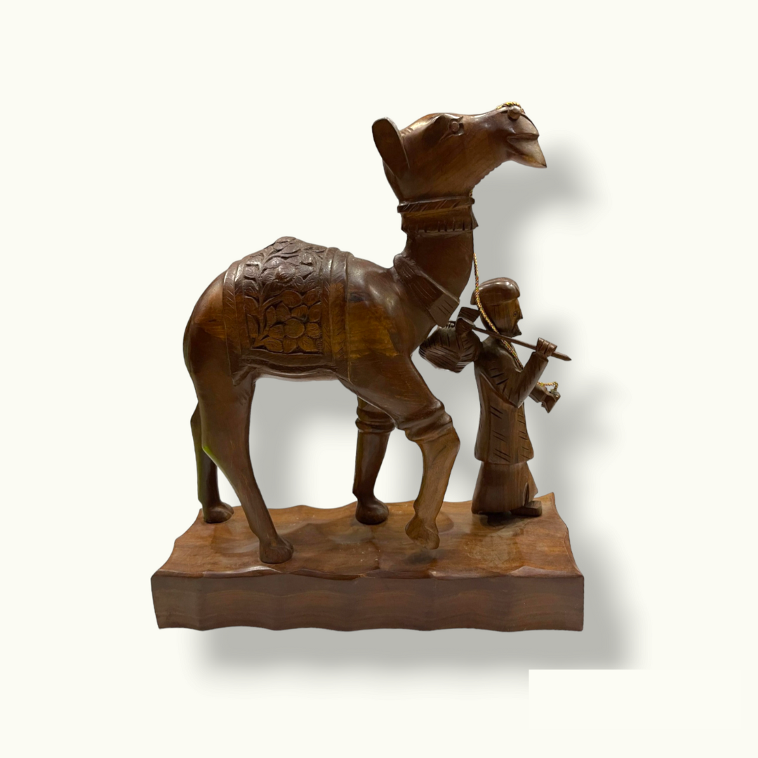 Handcrafted Wooden Men Riding Camel,  Arabic Men Camel Sculpture.