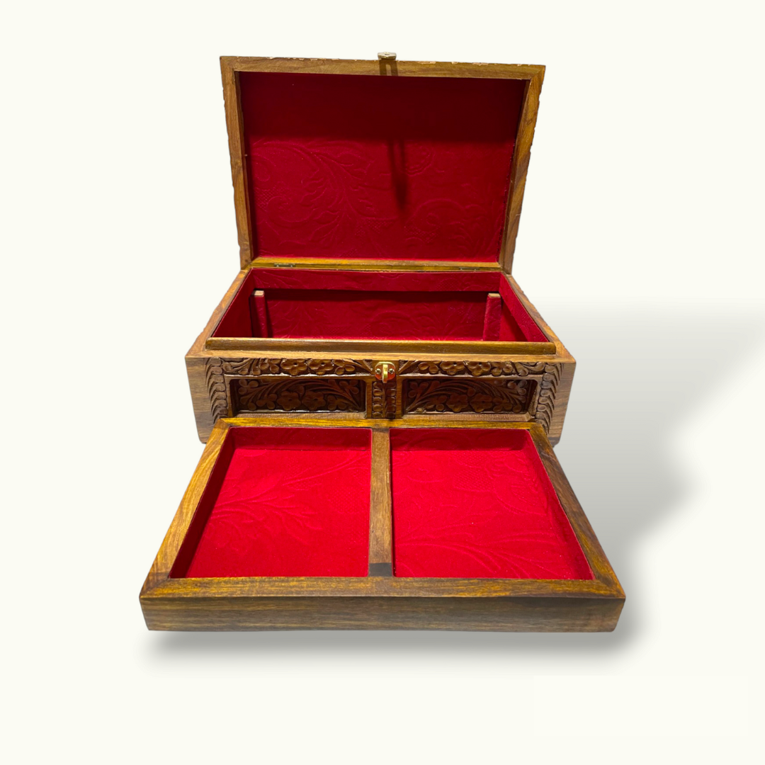 Beautiful Brass Inlay Jewelry Box, Wood Carving Jewelry Box.