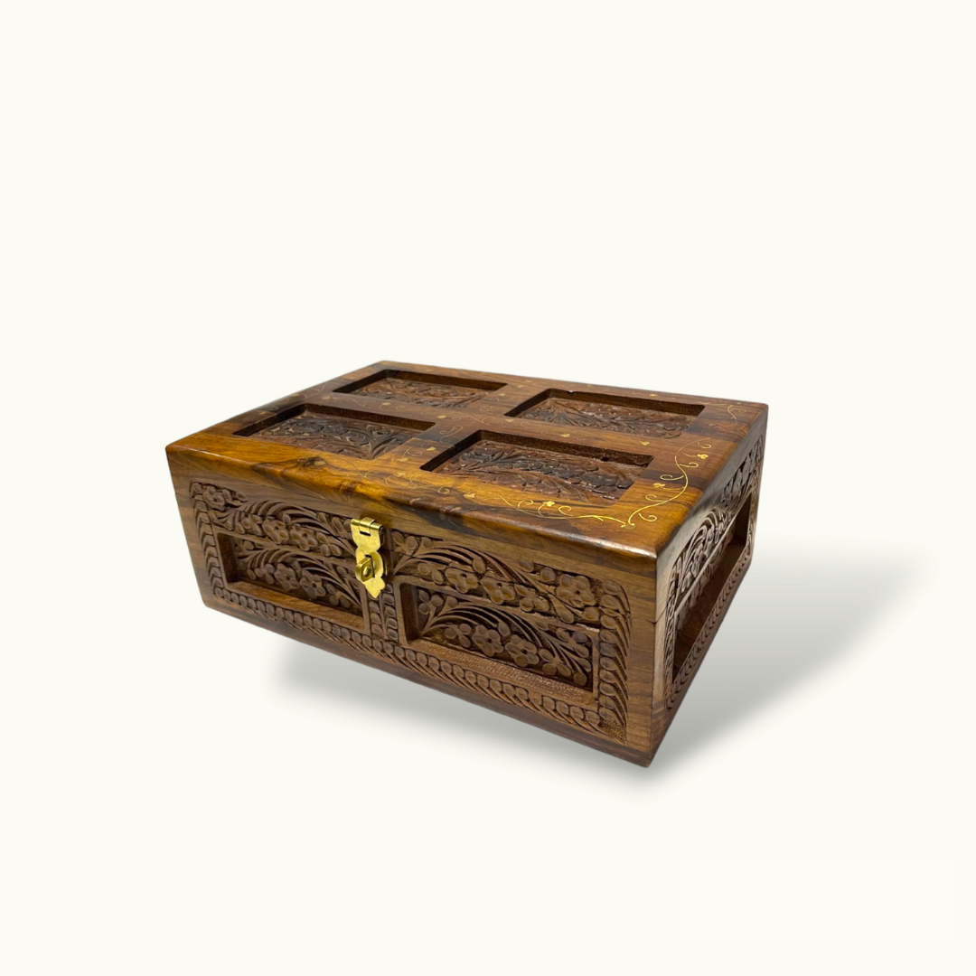 Beautiful Brass Inlay Jewelry Box, Wood Carving Jewelry Box.