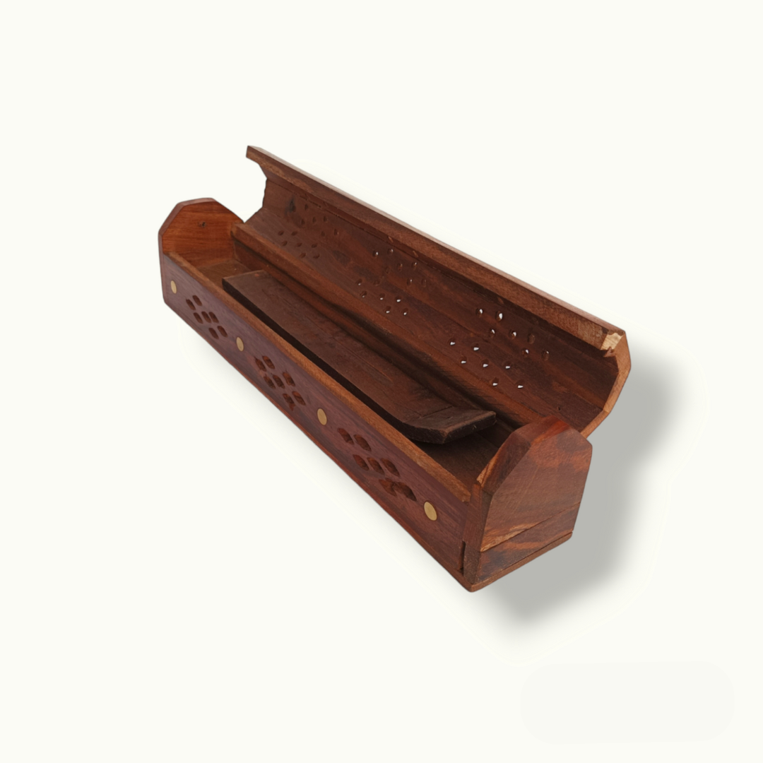 Handcrafted Wooden Incense Holder with Intricate Brass Detailing.