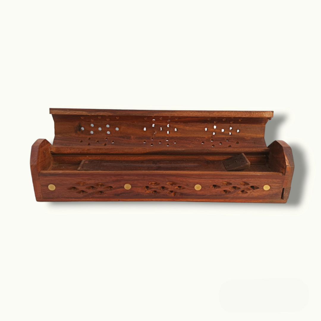 Handcrafted Wooden Incense Holder with Intricate Brass Detailing.