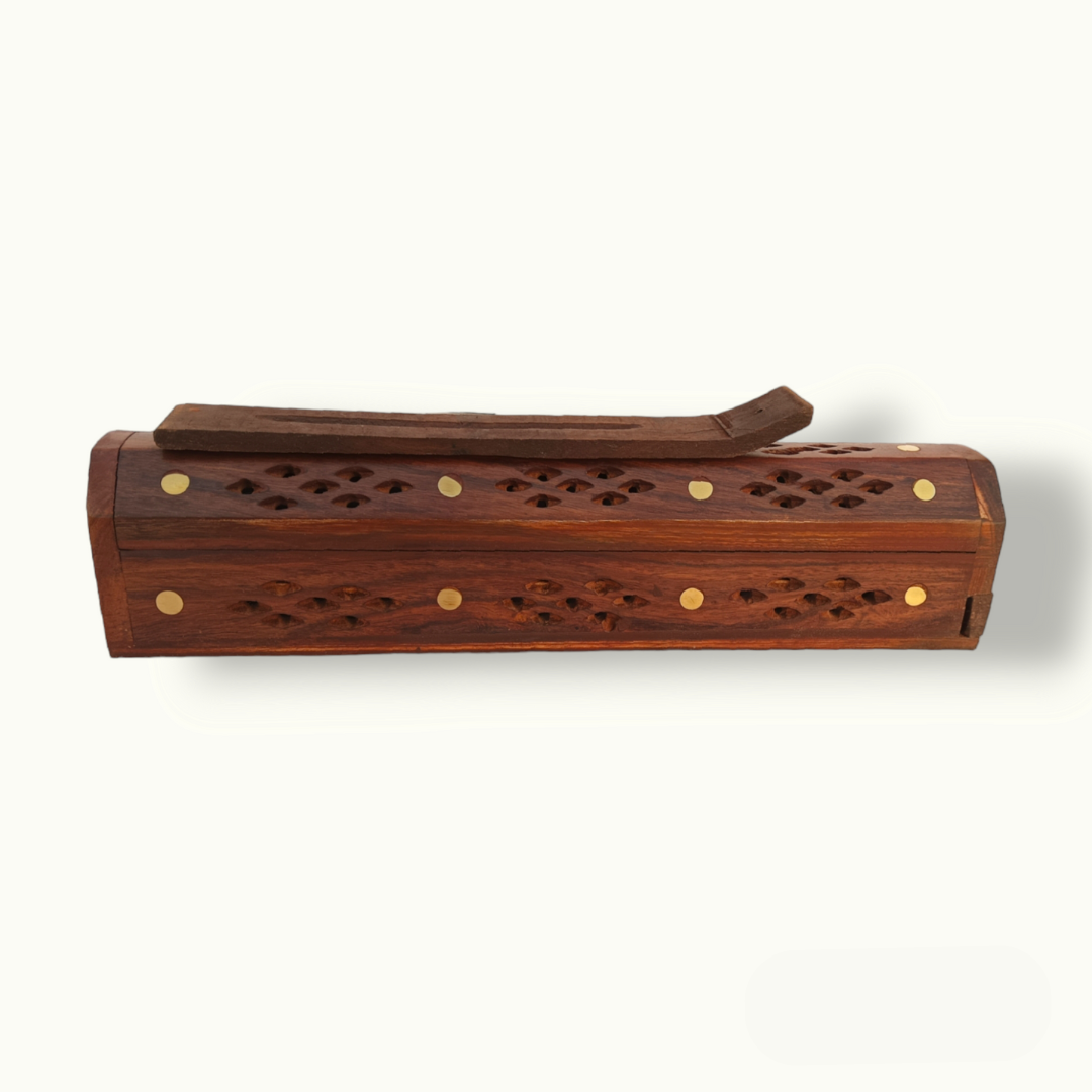 Handcrafted Wooden Incense Holder with Intricate Brass Detailing.