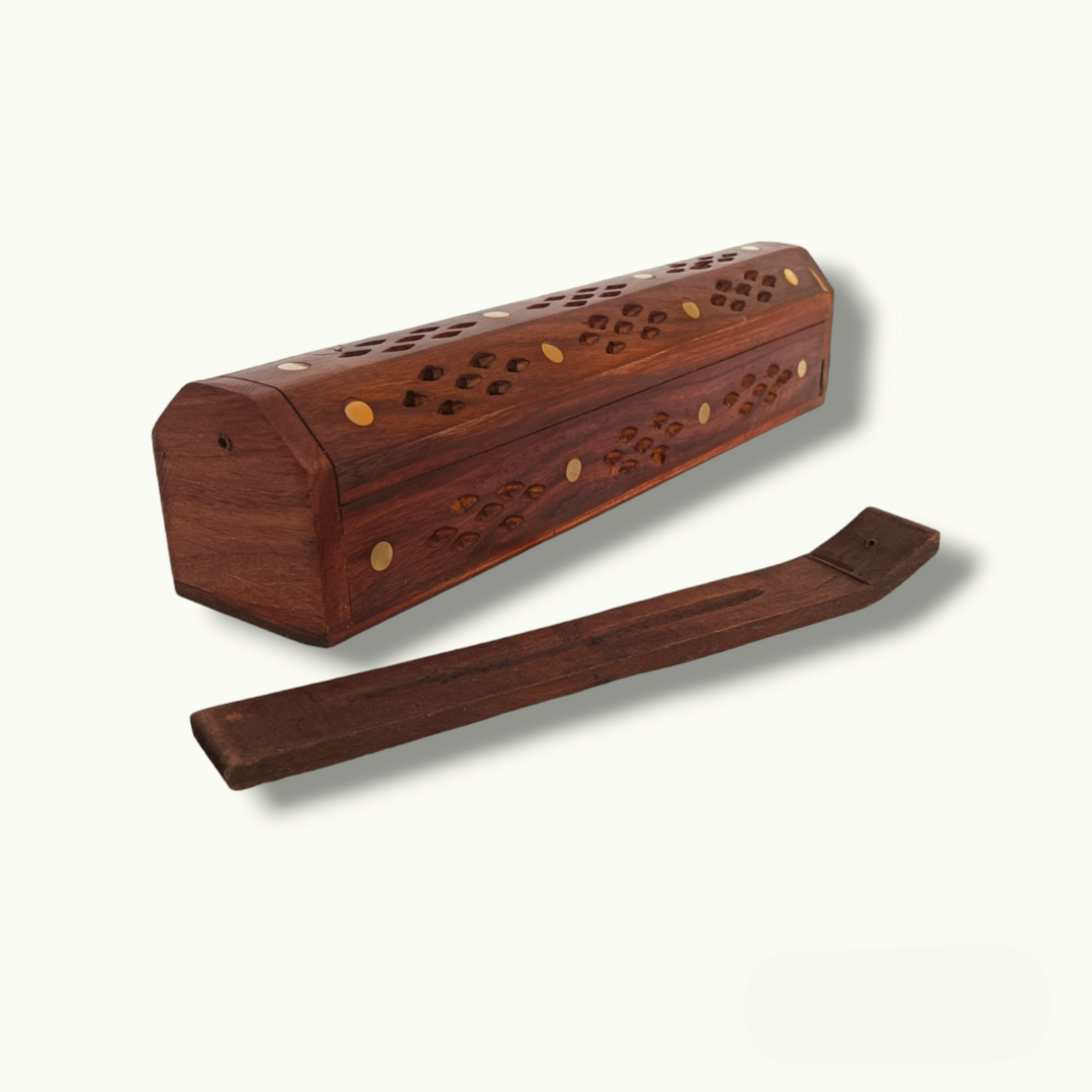 Handcrafted Wooden Incense Holder with Intricate Brass Detailing.