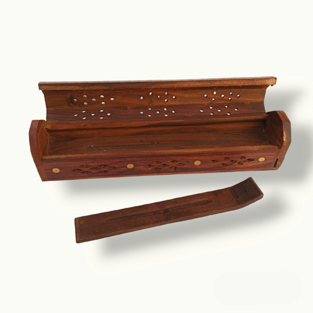 Handcrafted Wooden Incense Holder with Intricate Brass Detailing.