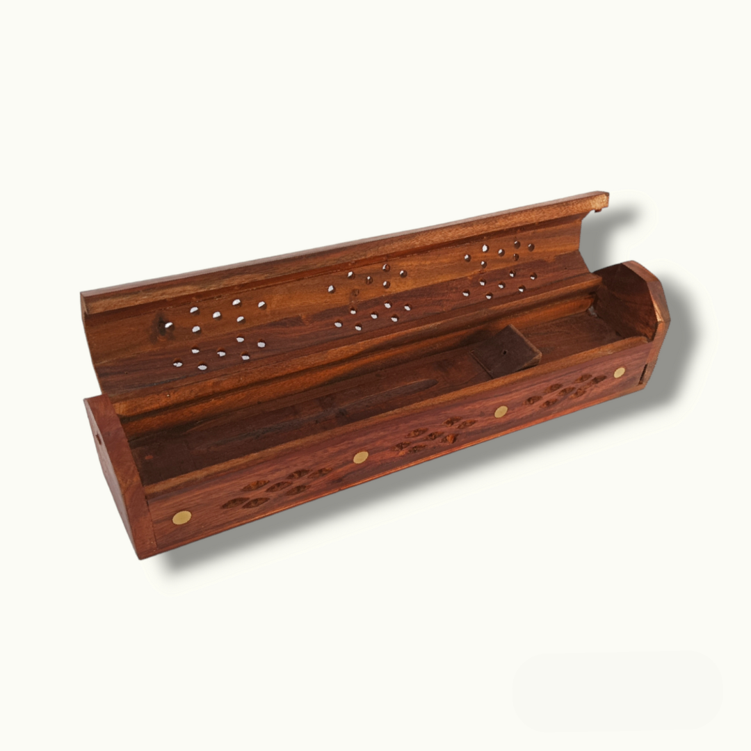 Handcrafted Wooden Incense Holder with Intricate Brass Detailing.