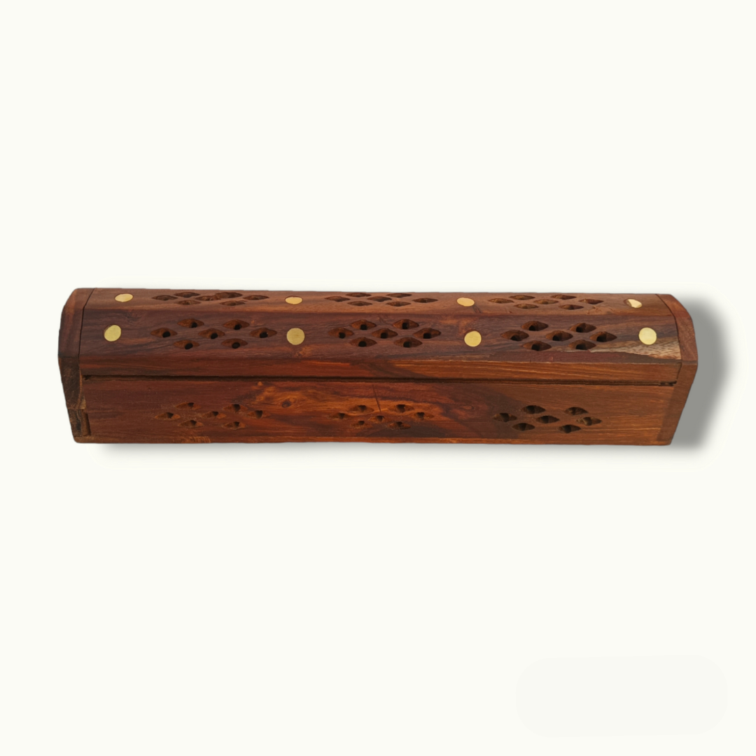 Handcrafted Wooden Incense Holder with Intricate Brass Detailing.