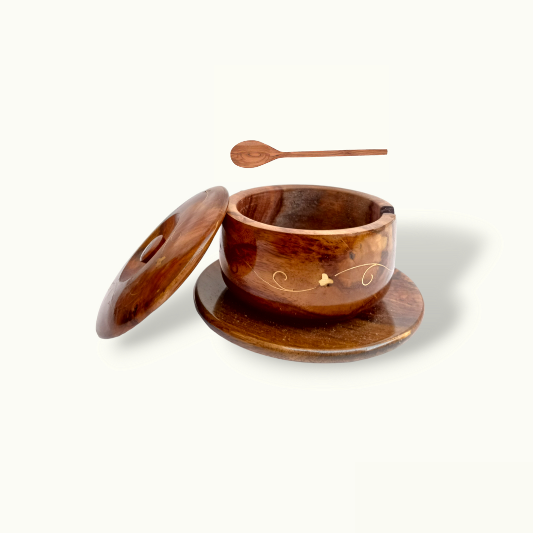 Handcrafted Wooden Sugar Pot, Beautiful Brass Inlay Sugar Pot.