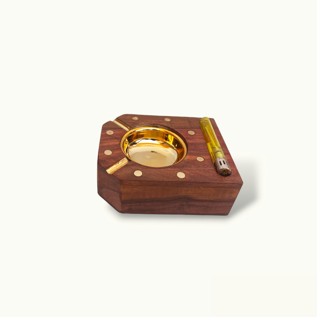 Handcrafted Wooden Ashtray, Beautiful Brass Work Wooden Ashtray.