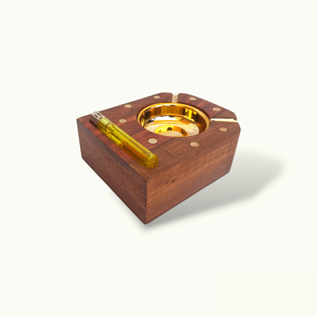 Handcrafted Wooden Ashtray, Beautiful Brass Work Wooden Ashtray.