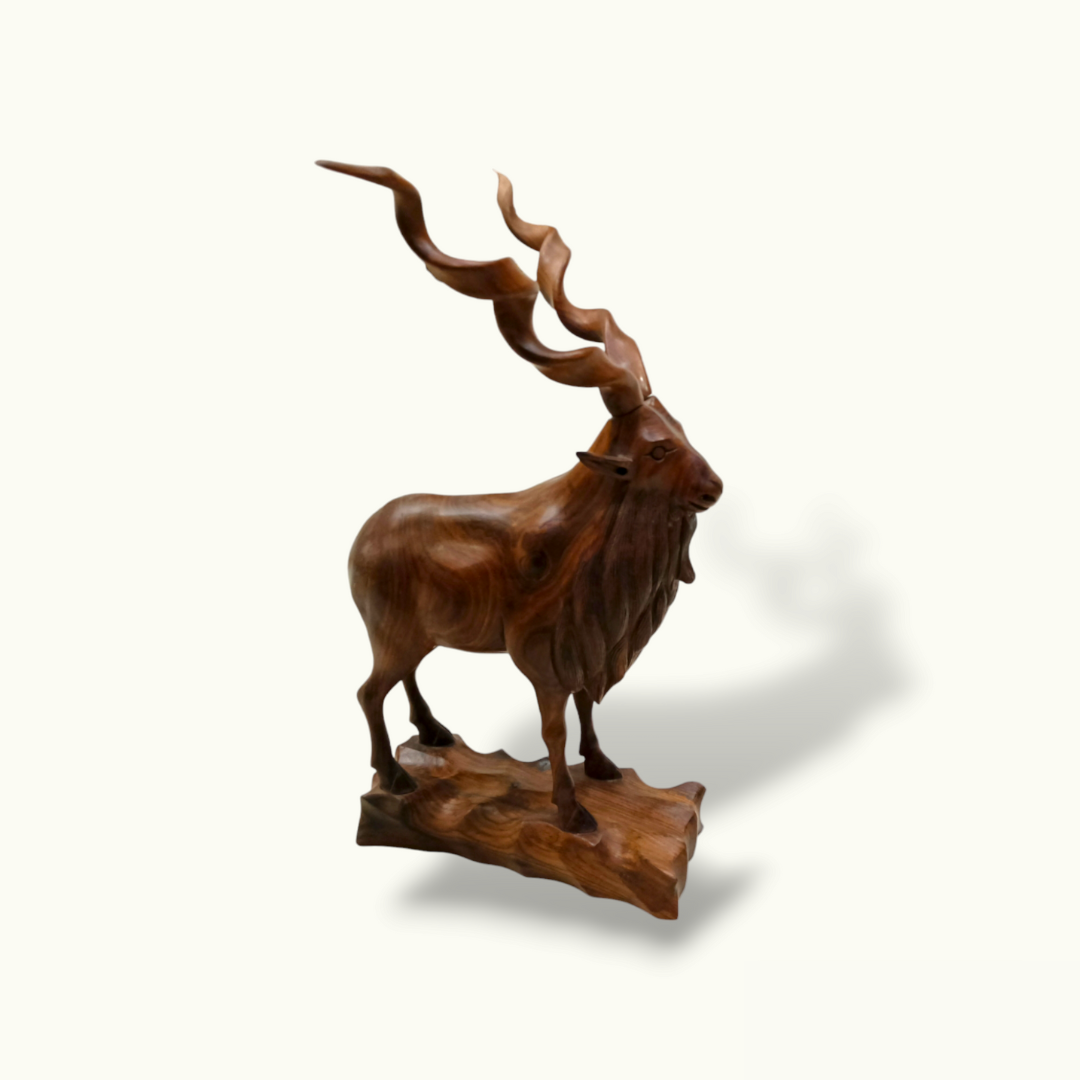 Stunning Wooden Markhor Statue, Handcrafted Wood Markhor Sculpture.