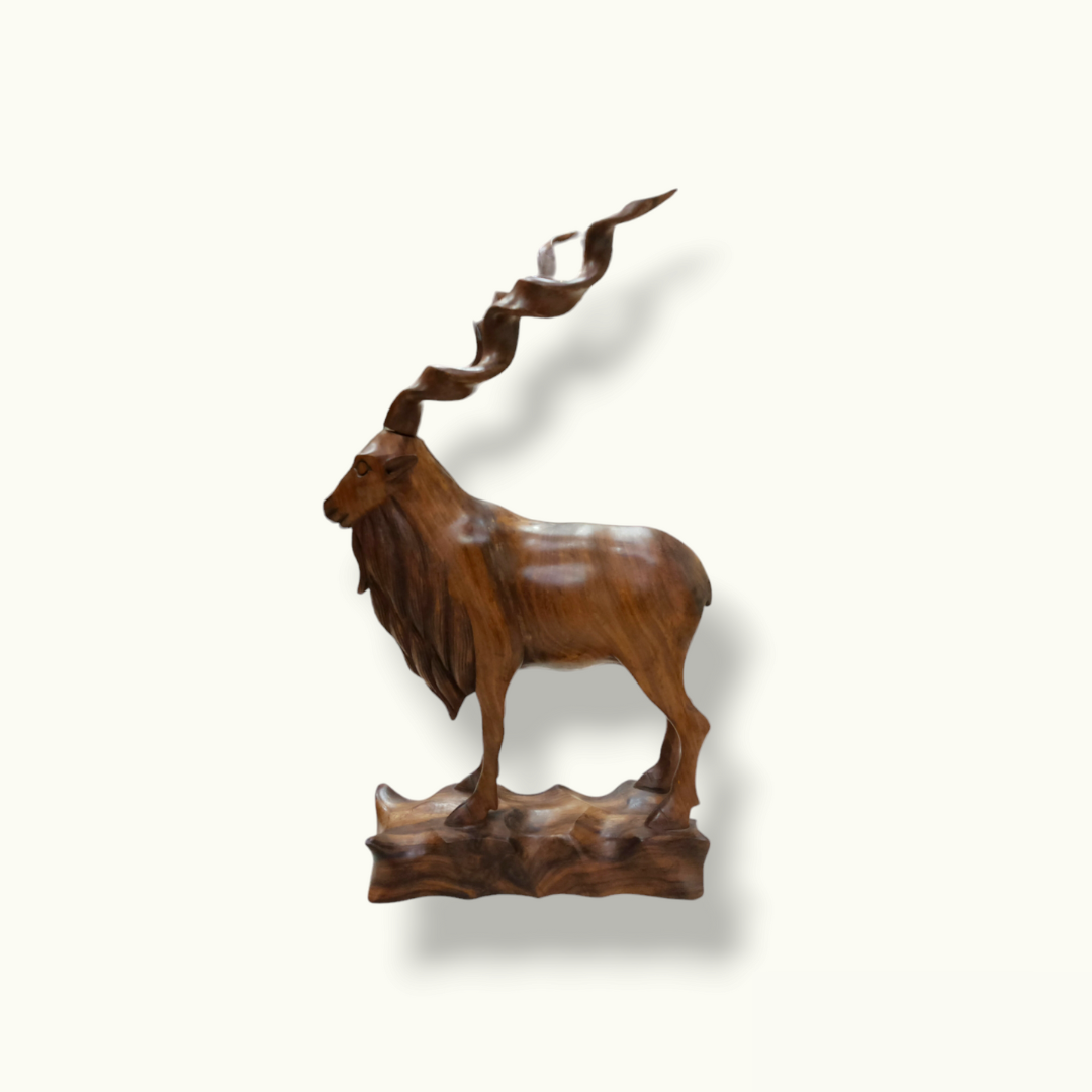 Stunning Wooden Markhor Statue, Handcrafted Wood Markhor Sculpture.