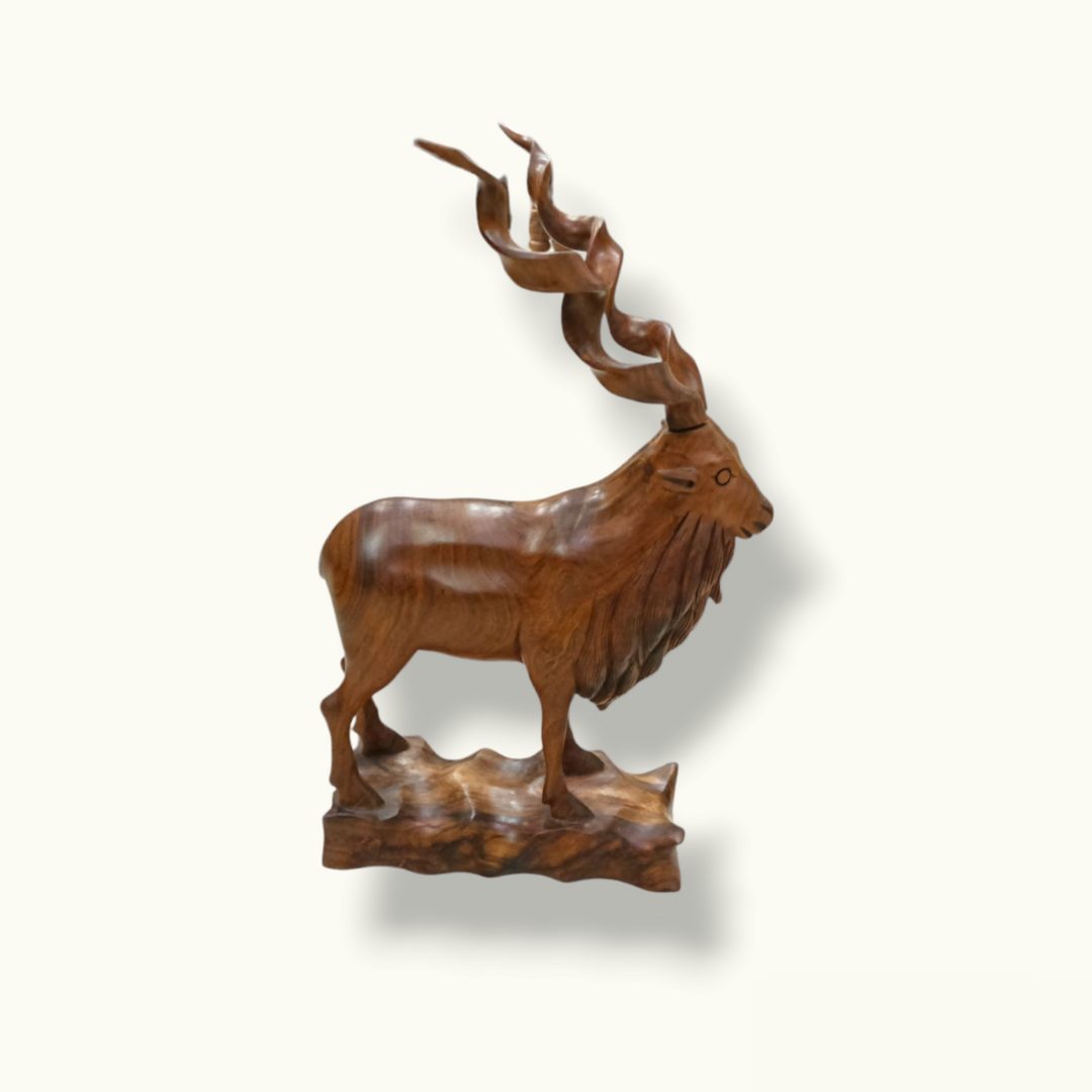 Stunning Wooden Markhor Statue, Handcrafted Wood Markhor Sculpture.