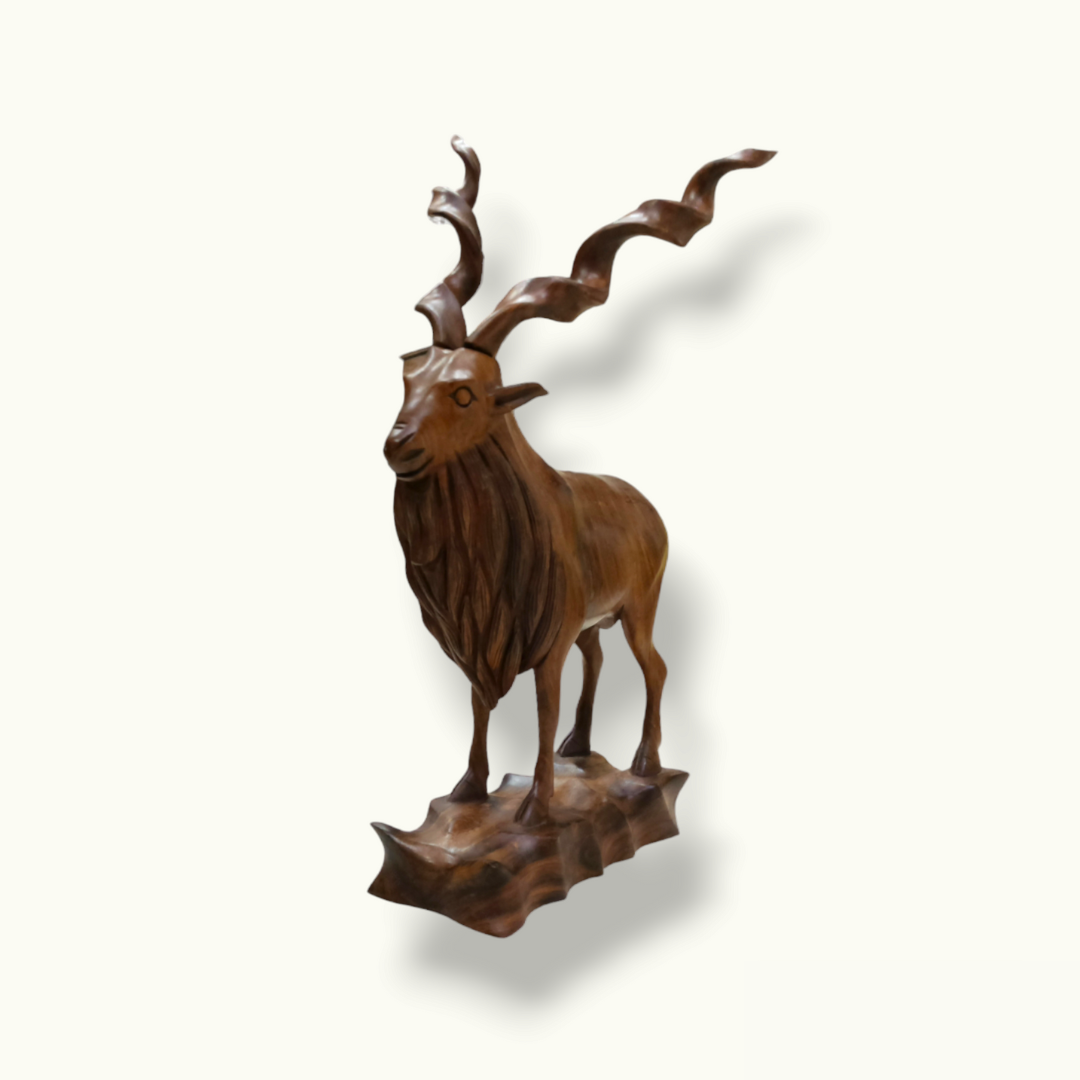 Stunning Wooden Markhor Statue, Handcrafted Wood Markhor Sculpture.