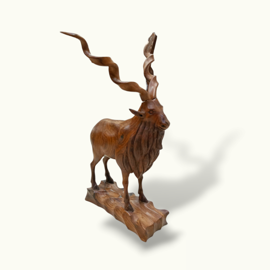 Stunning Wooden Markhor Statue, Handcrafted Wood Markhor Sculpture.