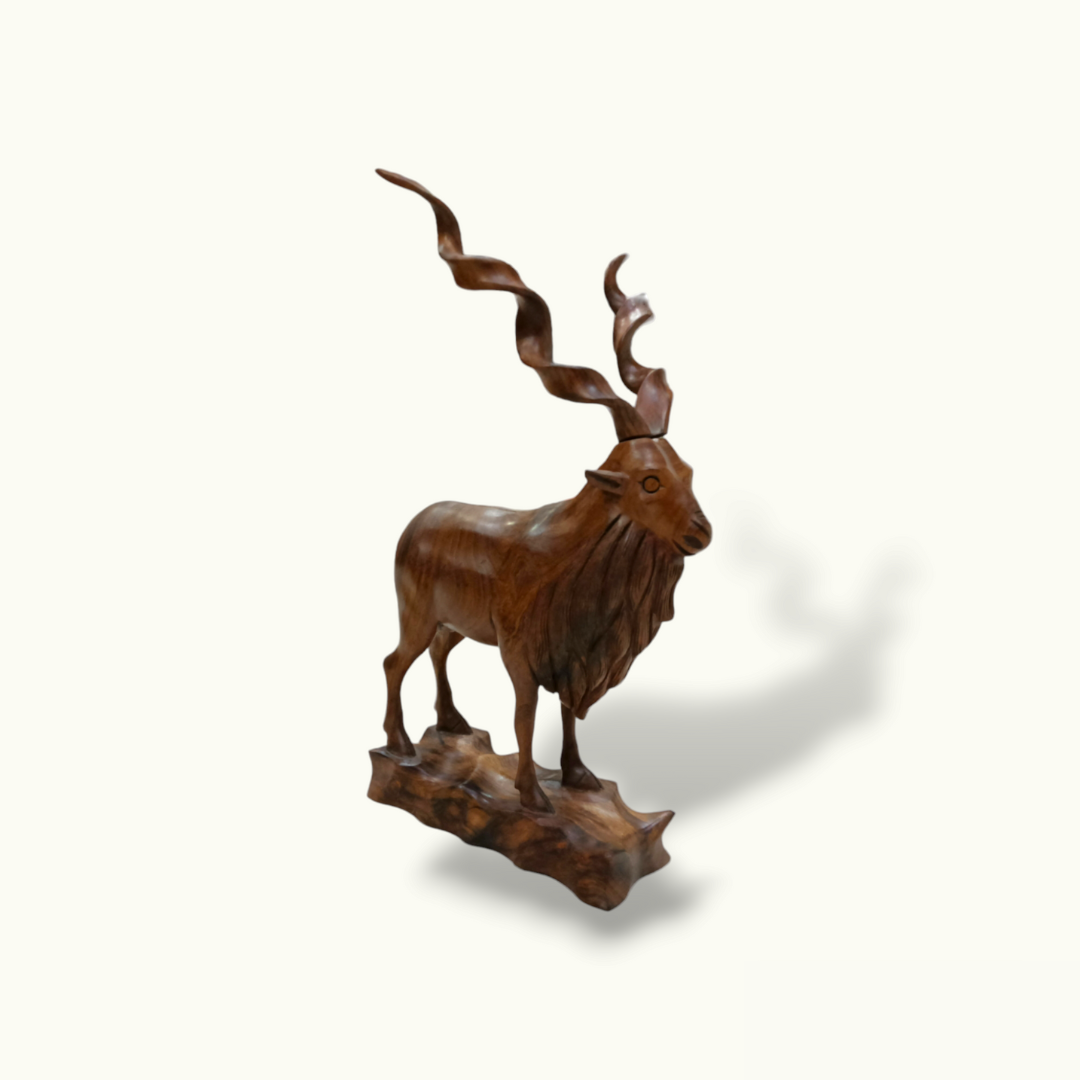 Stunning Wooden Markhor Statue, Handcrafted Wood Markhor Sculpture.