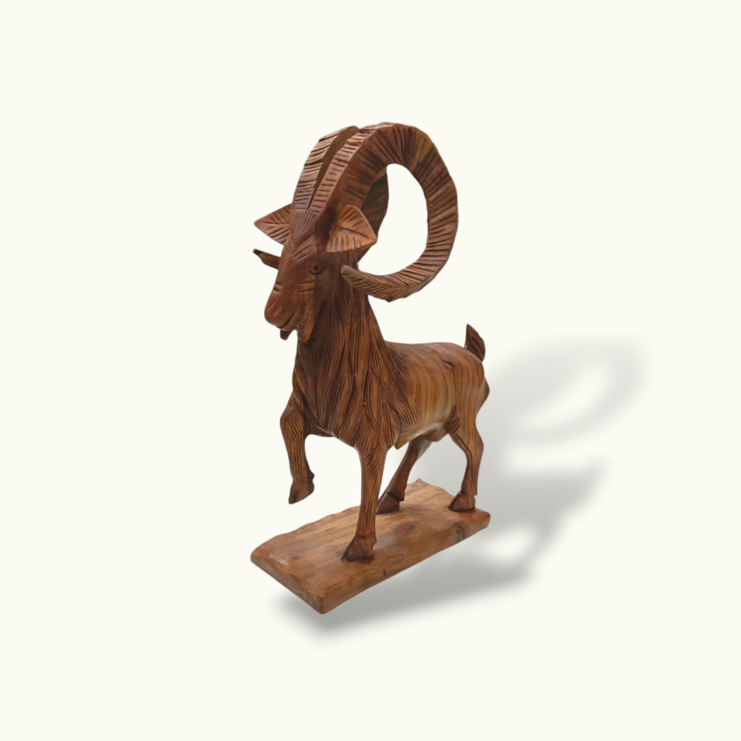 Wood Carving Markhor Statue, Beautiful Wooden Markhor Sculpture.