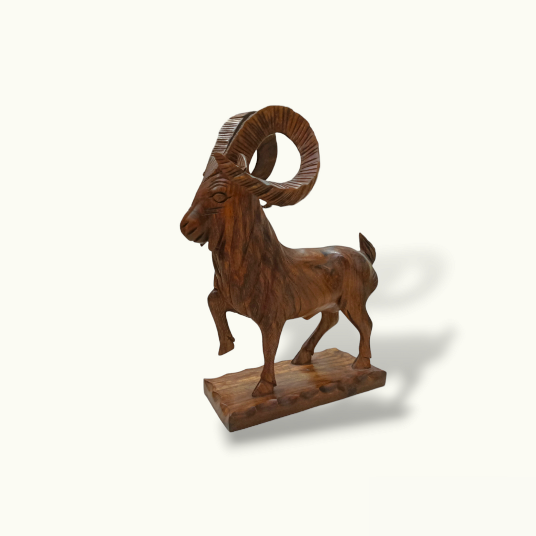 Wood Carving Markhor Statue, Beautiful Wooden Markhor Sculpture.