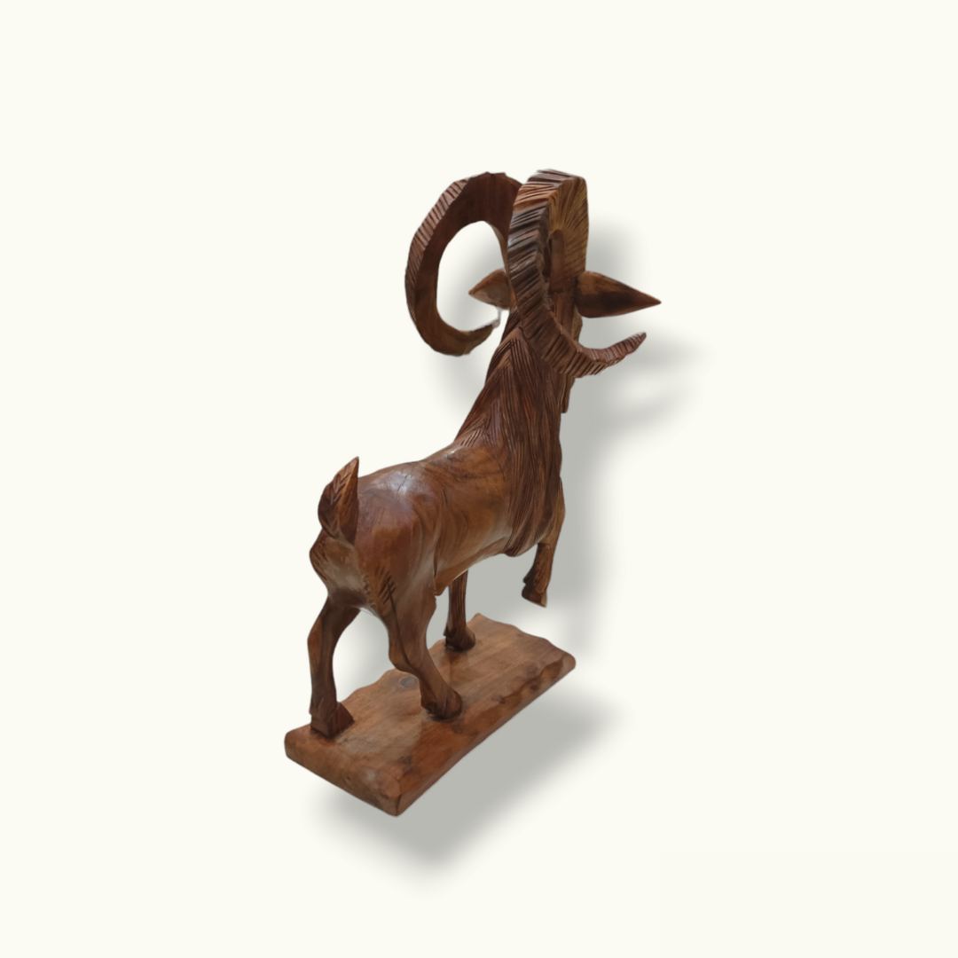 Wood Carving Markhor Statue, Beautiful Wooden Markhor Sculpture.