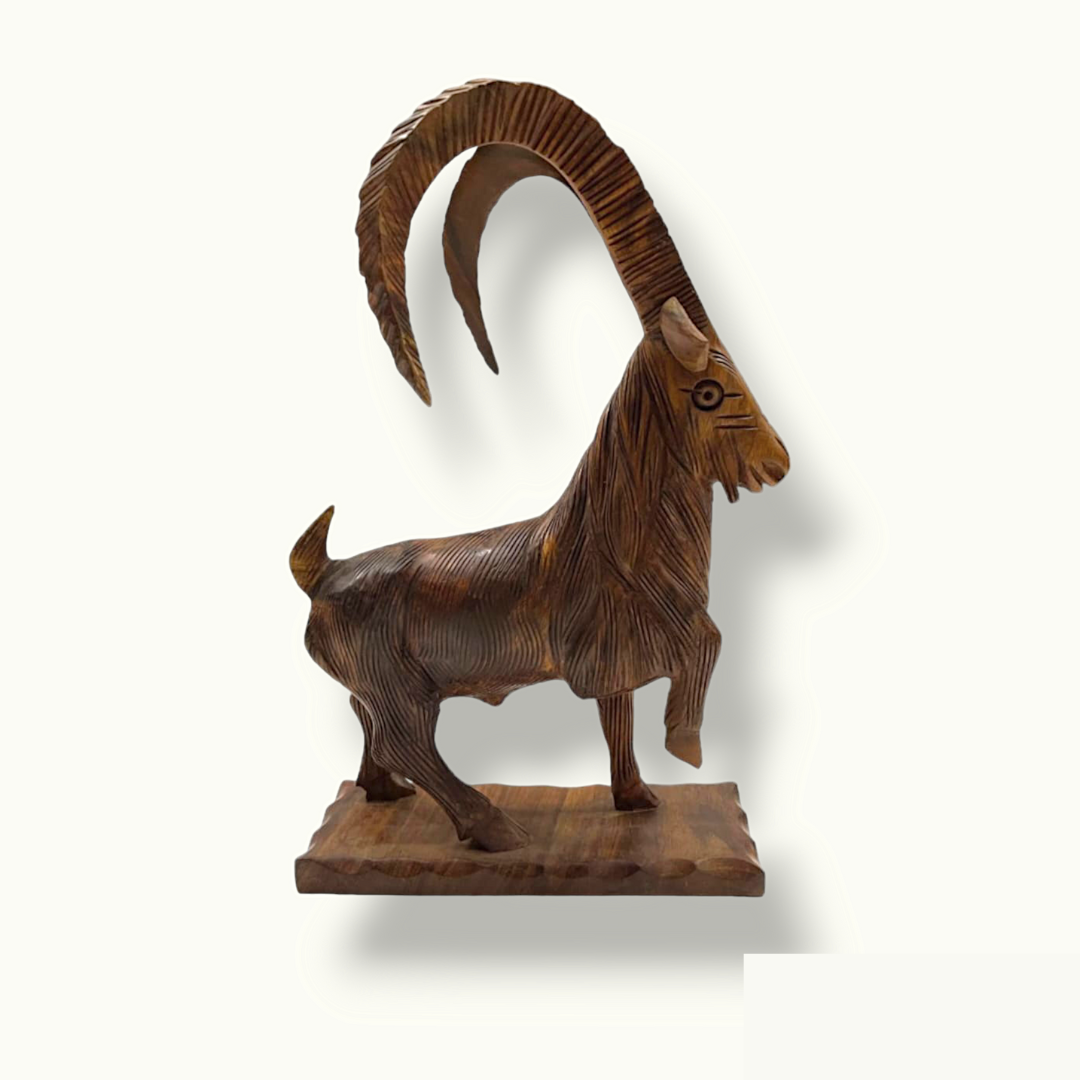 Handmade Wooden Markhor Sculpture, Beautiful Markhor Statue.