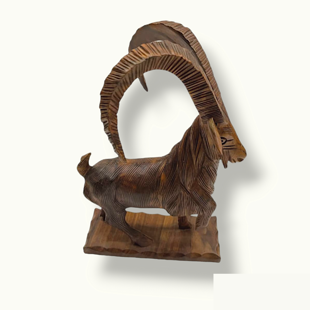 Handmade Wooden Markhor Sculpture, Beautiful Markhor Statue.