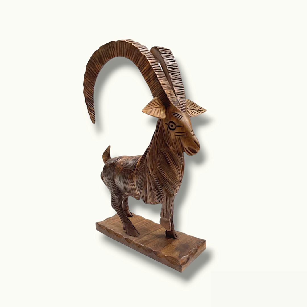 Handmade Wooden Markhor Sculpture, Beautiful Markhor Statue.