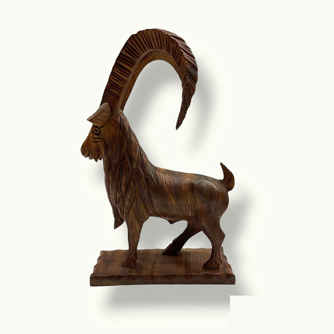 Handmade Wooden Markhor Sculpture, Beautiful Markhor Statue.