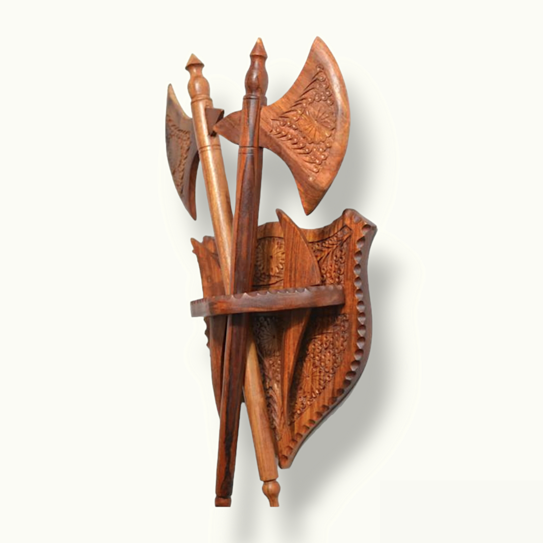 Introducing Stylish Wall-Hanging Axe Set, Stunning Wooden Axe Set.