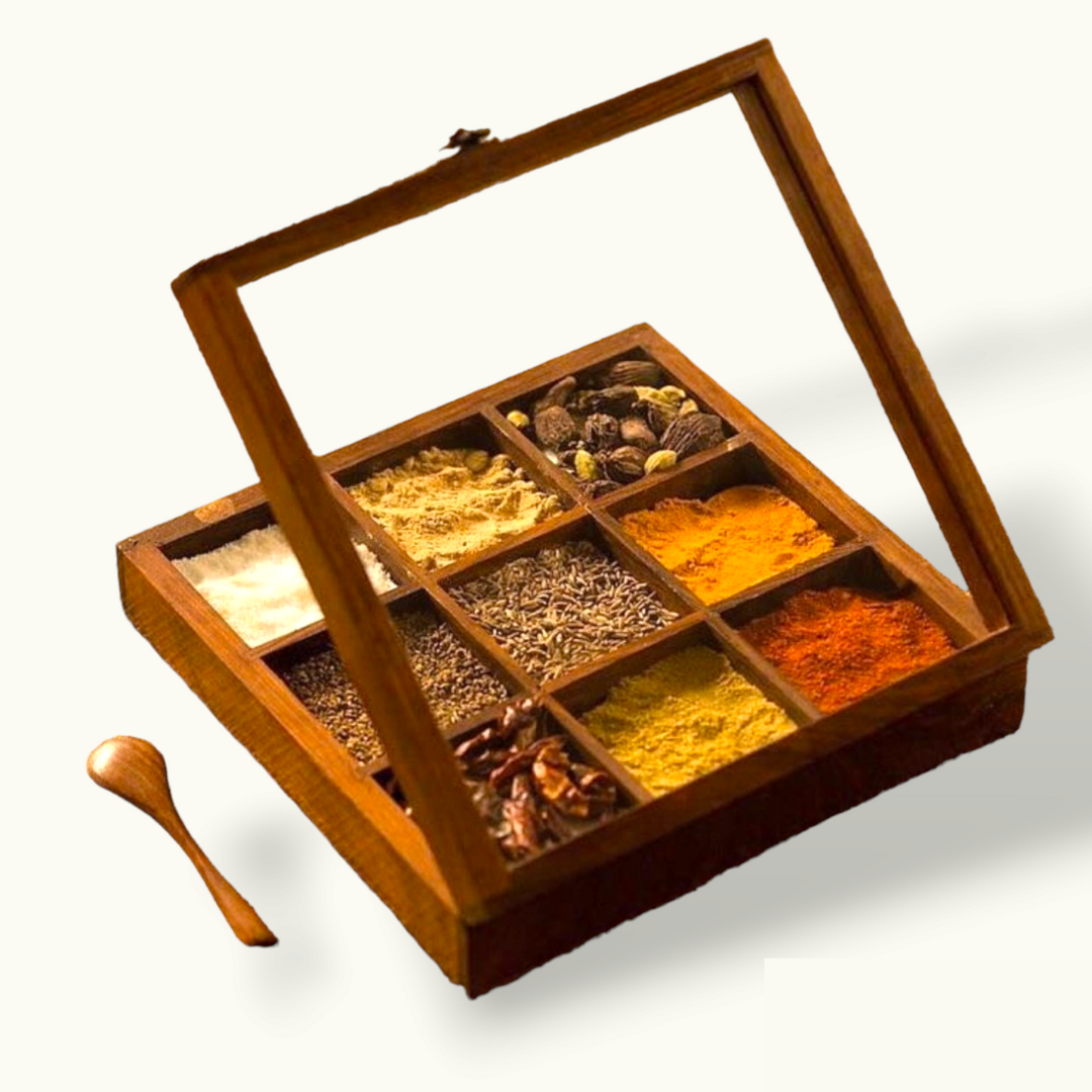 Beautiful Wooden Masala Box, Stunning Wooden Spice Box.